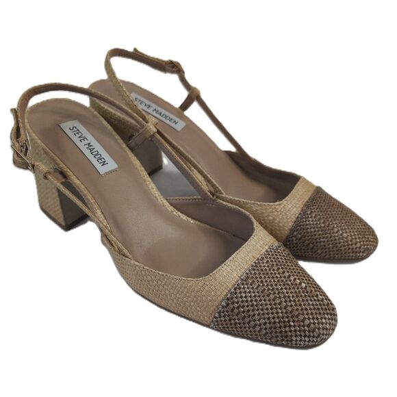 Steve Madden Shoes - Steve Madden Becka Raffia Slingback Block Heel Pumps Tan Brown Woven Size 8.5M